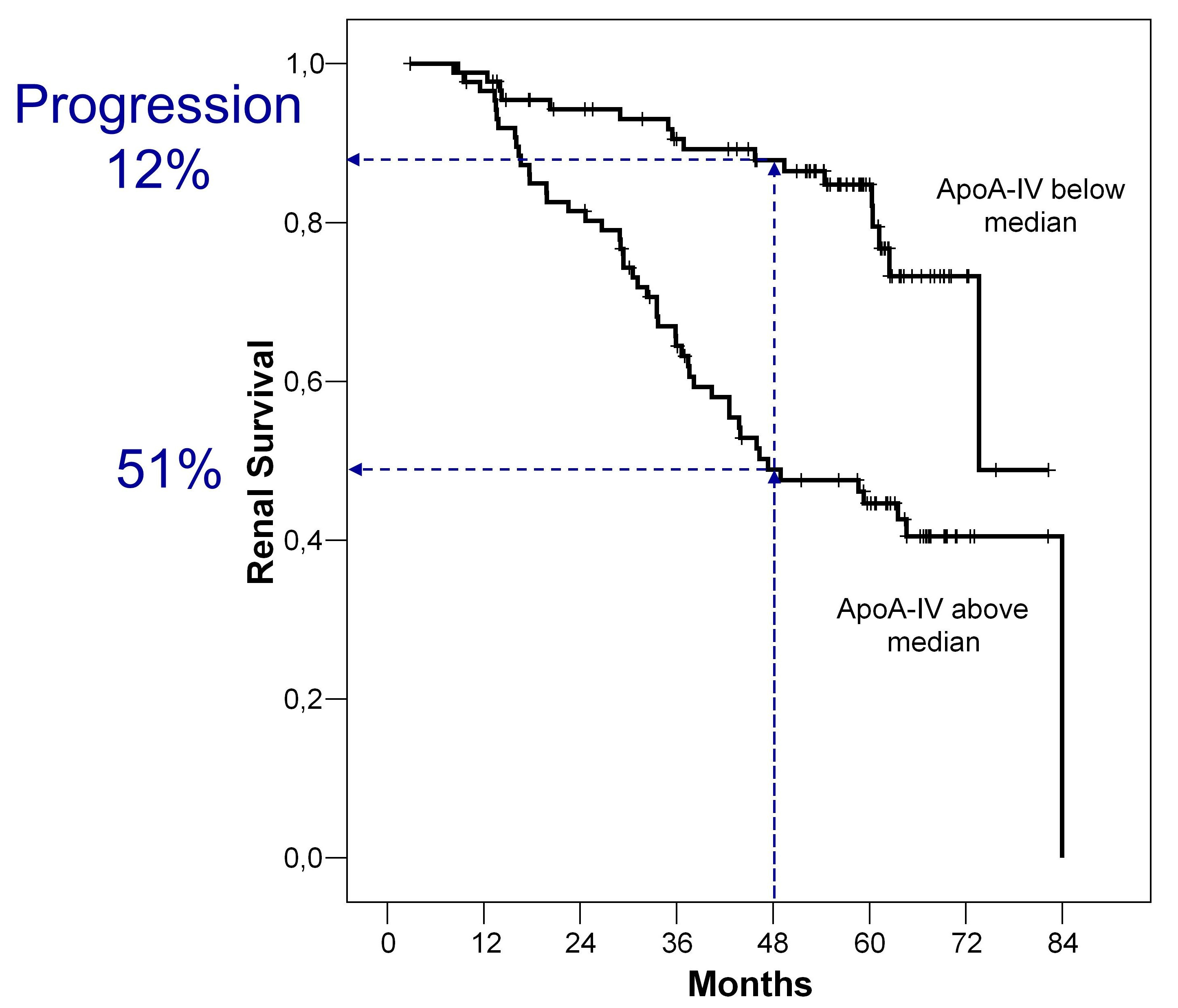 Figure 3: Results from the 'Mild to Moderate Kidney Disease' (MMKD) Study on progression of kidney disease. Kaplan-Meier curves of renal endpoints in patients with infra- and supramedian plasma apoA-IV concentrations (Boes et al.: J. Am. Soc. Nephrol. 2006).